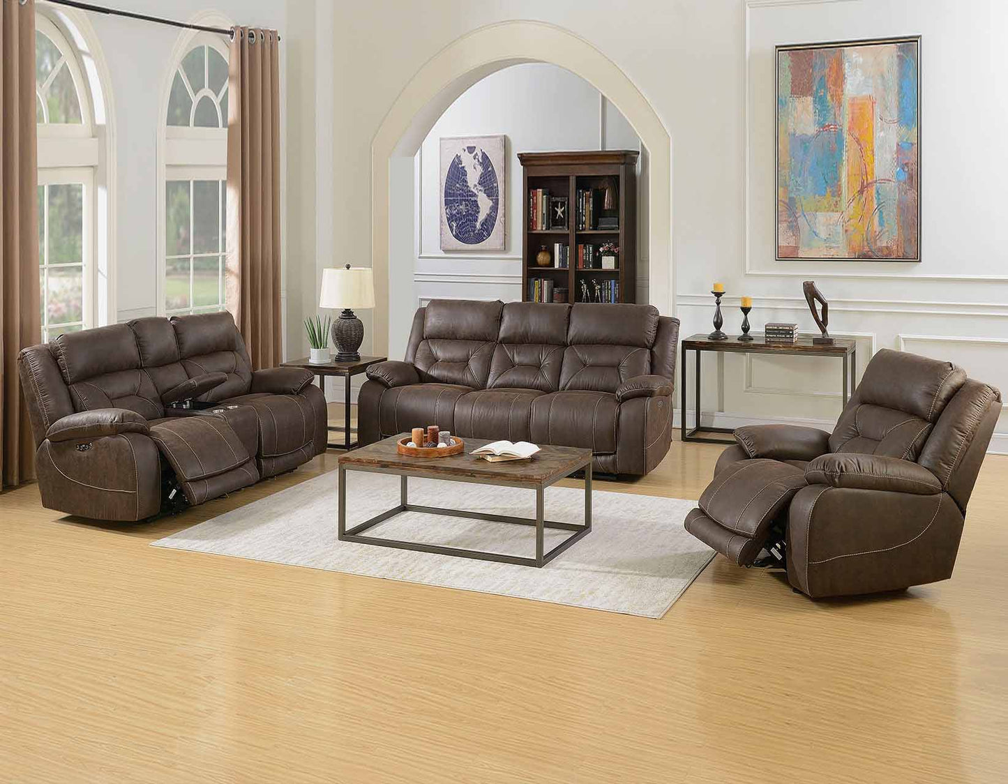 Aria Saddle Brown Dual-Power Reclining Sofa, Love Seat, & Chair by Steve Silver