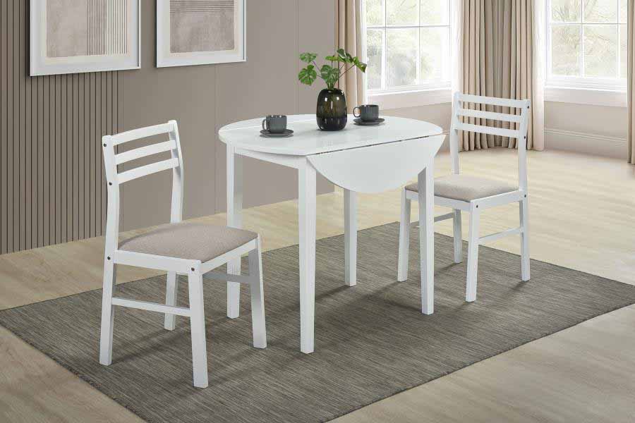 Bucknell Drop-Leaf White Dining Set (table and 2 chairs) by Coaster