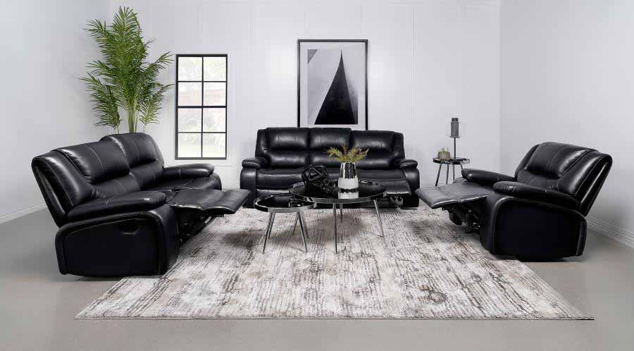 Camila Black Reclining Sofa, Love Seat, & Chair by Coaster