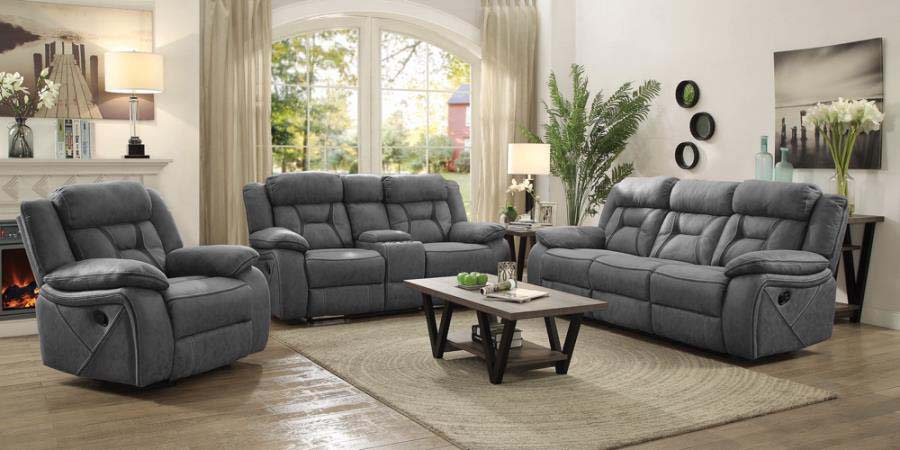 Higgins Grey Reclining Sofa, Love Seat, & Chair by Coaster