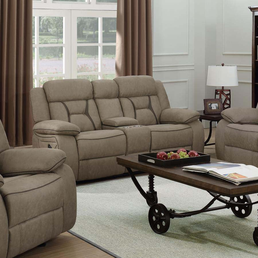 Higgins Tan Reclining Love Seat by Coaster