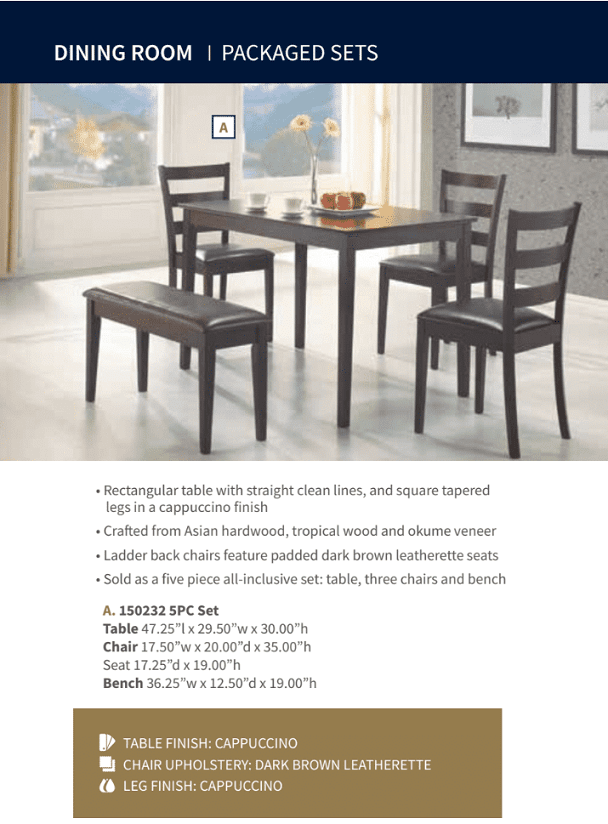 Guillen Dining Set (table, 3 chairs and 1 bench) by Coaster