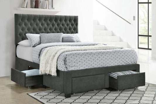 King Soledad Grey Upholstered Storage Bed Frame by Coaster