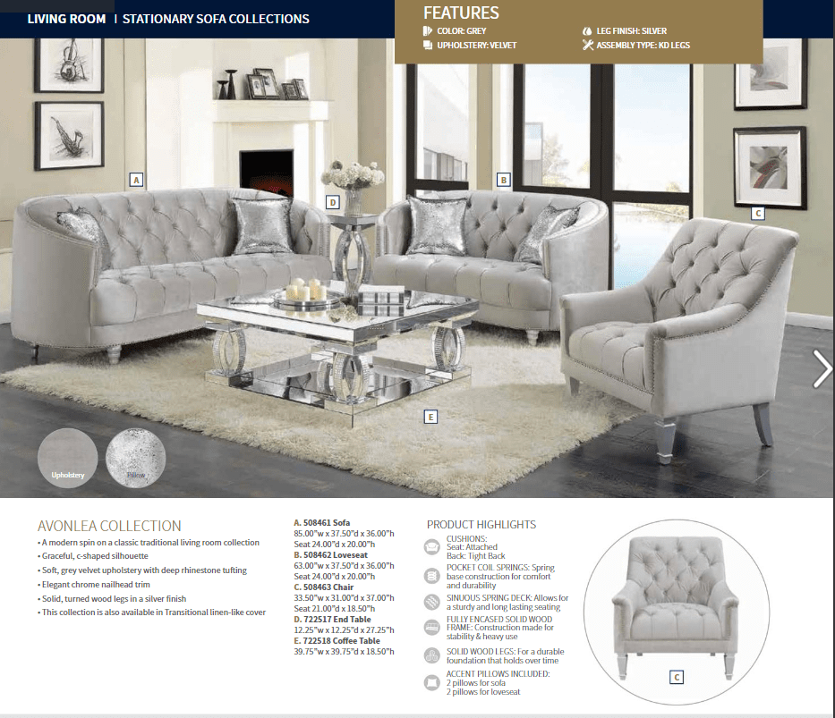 Avonlea Grey Velvet  Sofa and Love Seat by Coaster