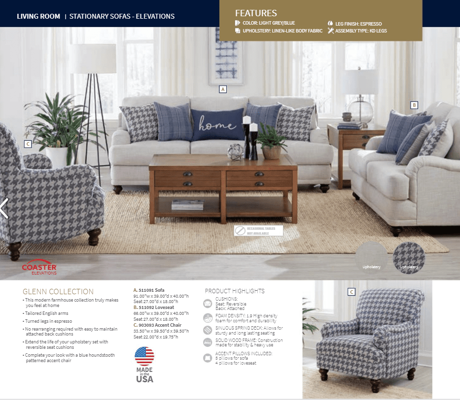 Glenn Light Grey/Blue Sofa and Love Seat by Coaster