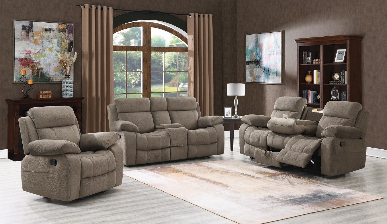 Myleene Mocha Reclining Sofa, Love Seat, & Chair by Coaster