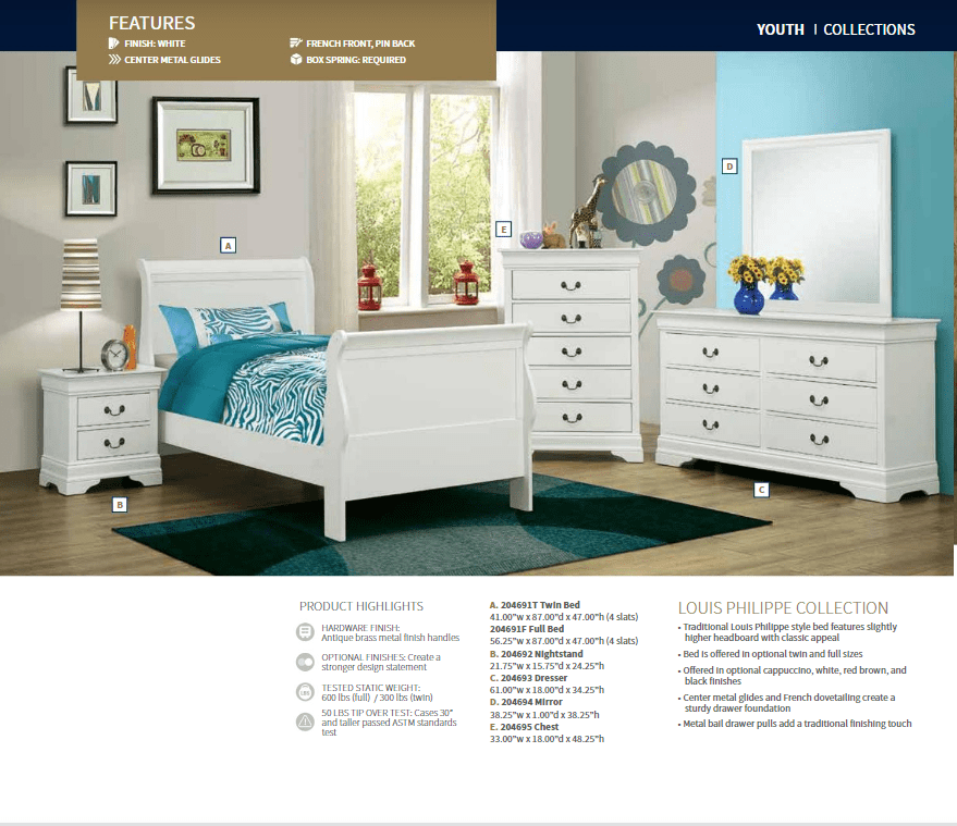 Twin Louis Philippe White Bed Frame by Coaster